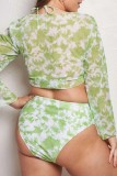 Conjunto de tres piezas de traje de baño de talla grande con cuello en V y estampado sexy verde (con relleno)