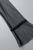 ブルゴーニュのセクシーなパッチワーク スパンコール シースルー V ネック長袖ドレス