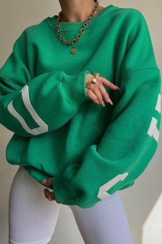 Green Casual Letter Print Basic O Neck Tops