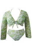 Green Sexy Print Bandage V Neck Plus Size Swimsuit Three Piece Set (With Paddings)