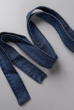 Темно-синие повседневные однотонные рваные лоскутные пряжки с отложным воротником без рукавов с высокой талией обычные джинсовые платья
