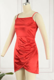 Rose Red Sexy Solid Patchwork Fold Spaghetti Strap One Step Skirt Dresses