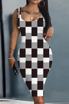 ブラック ホワイト カジュアル プリント パッチワーク U ネック ペンシル スカート ドレス