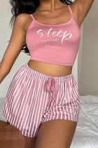 Conjunto de pijama con pantalones cortos de camisola sin espalda con estampado sexy rojo rosa