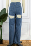 Jeans in denim regolari a vita alta strappati casual blu