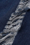 Azul oscuro Casual Sólido Rasgado Hebilla Cuello vuelto Sin mangas Cintura alta Vestidos de mezclilla regulares