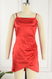 Красные сексуальные однотонные платья в стиле пэчворк со складками на тонких бретельках