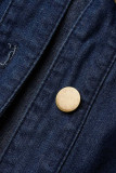 Mörkblå Casual Solid Ripped Patchwork Spänne Turndown Krage Ärmlös Hög midja Vanliga jeansklänningar