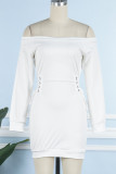 ホワイト カジュアル ソリッド フレンラム オフショルダー ロングスリーブ ドレス