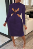 Фиолетовые сексуальные однотонные выдолбленные платья с длинными рукавами и воротником-стойкой