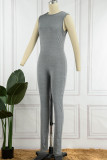 Brown Casual Solid Basic O Neck Skinny Jumpsuits