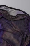 Dos piezas de manga larga con cuello en O transparente con estampado sexy morado