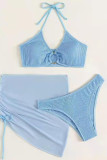 Maillot de bain bleu sexy solide patchwork draw string fold