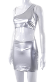 Silver Sexy Solid Patchwork One Shoulder Sleeveless Two Pieces