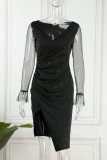 Vestidos de manga larga con cuello en V transparentes con lentejuelas de patchwork sexy negro