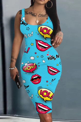 Blue Casual Print Patchwork U Neck Pencil Skirt Tank Bodycon Midi Dress