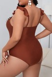 Braune, sexy, einfarbige, ausgehöhlte, rückenfreie Spaghettiträger-Badebekleidung in Übergröße (mit Polsterung)