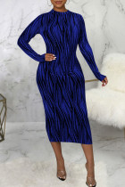 Vestidos de falda de lápiz con cuello redondo de seda brillante de patchwork con estampado sexy azul