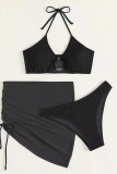 Черный сексуальный сплошной пэчворк Draw String Fold Swimwear