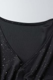 Svarta sexiga patchwork paljetter Genomskinliga V-hals långärmade klänningar
