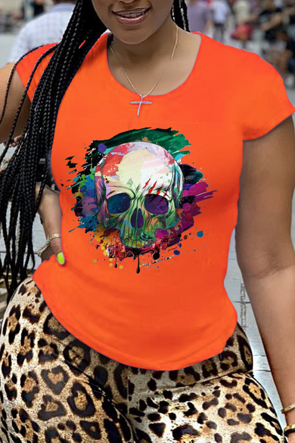 Camisetas con cuello en O de patchwork perforado de calle naranja