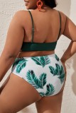 Зеленый Сексуальный бандажный принт с открытой спиной и V-образным вырезом Купальники больших размеров (с прокладками)