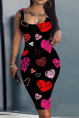 Black Red Casual Print Patchwork U Neck Pencil Skirt Tank Bodycon Midi Dress