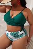 Green Sexy Print Bandage Backless V Neck Plus Size Swimwear (With Paddings)