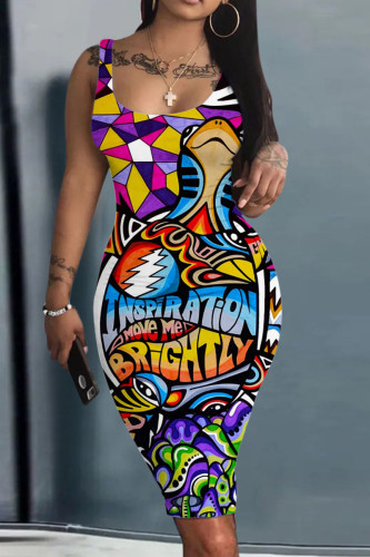 Purple Casual Print Patchwork U Neck Pencil Skirt Tank Bodycon Midi Dress