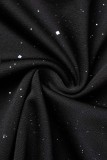 Vestidos pretos sexy patchwork com lantejoulas transparentes decote em V manga longa