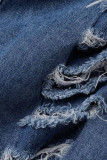 Azul escuro casual sólido patchwork rasgado com fivela gola redonda sem mangas cintura alta vestidos jeans regulares