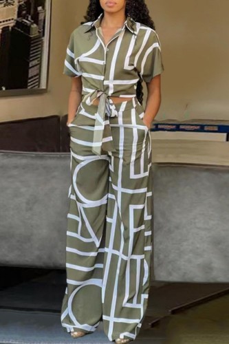 Green Casual Print Bandage Turndown Collar Short Sleeve Two Pieces