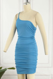 ブルー セクシー ソリッド パッチワーク フォールド スパゲッティ ストラップ ペンシル スカート ドレス