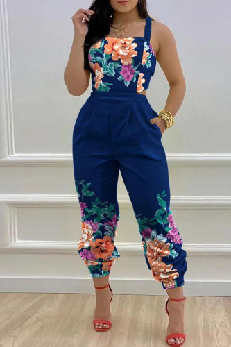 Royal Blue Sexy Print Bandage Patchwork Backless Spaghetti Strap Regular Jumpsuits