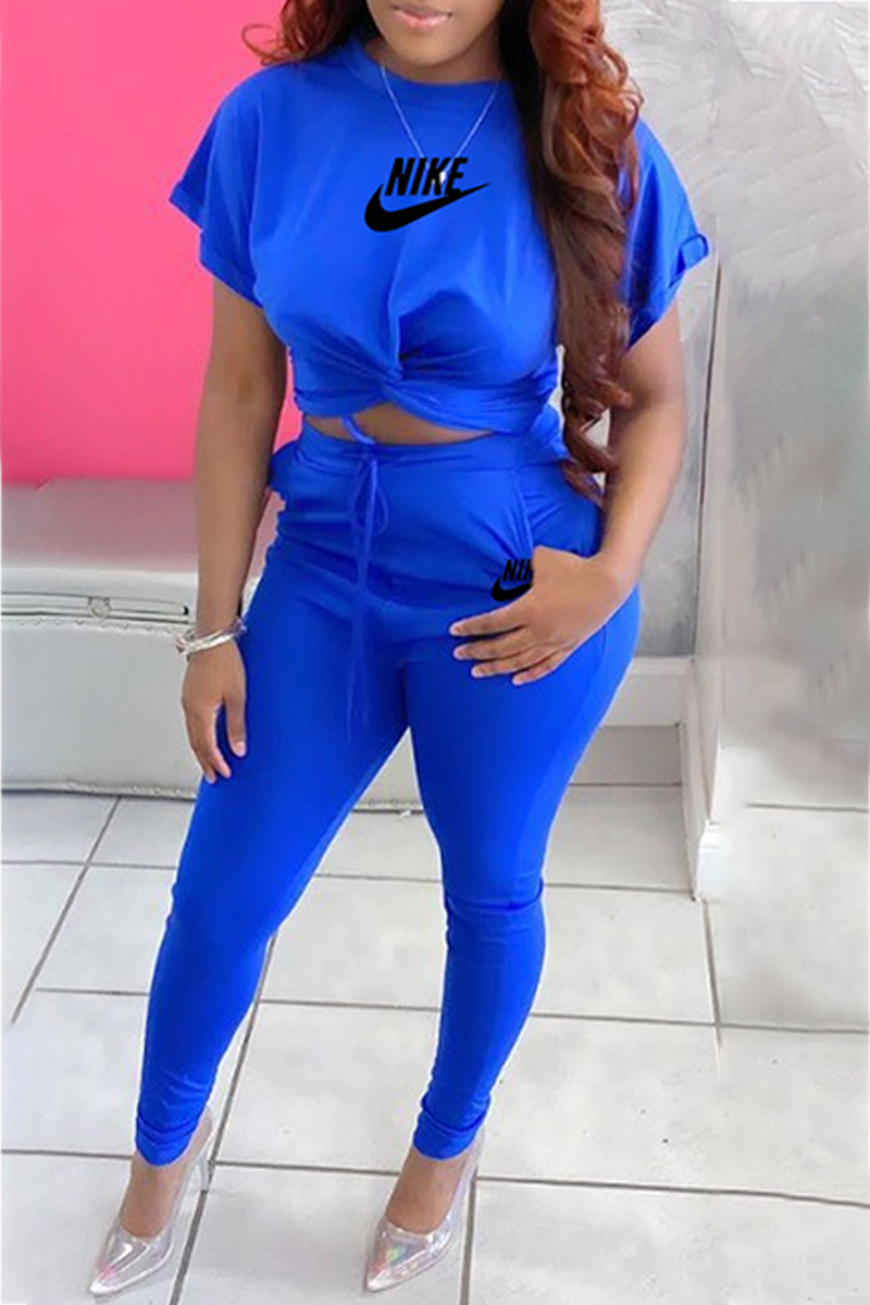 

Blue Casual Print Letter O Neck Short Sleeve Two Pieces