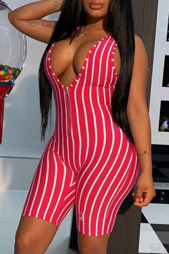 Red Casual Striped Patchwork V Neck Skinny Rompers