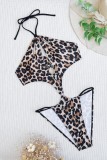 Leopard Print Sexy Print Leopard Bandage Hollowed Out Backless Swimwears (With Paddings)