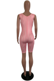 Pink Casual Striped Patchwork V Neck Skinny Rompers