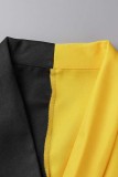 Vestidos manga longa preto amarelo casual patchwork liso