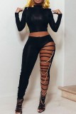Black Sexy Casual Solid Hollowed Out Chains Skinny High Waist Pencil Solid Color Trousers