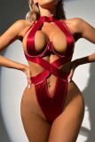 Burgundy Sexy Solid Hollowed Out Patchwork Backless Lingerie
