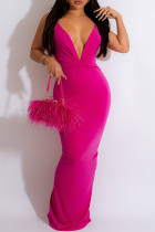 Розово-красное сексуальное однотонное платье в стиле пэчворк с V-образным вырезом, длинное платье, платья