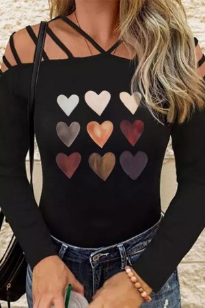 Black Casual Print Hollowed Out V Neck Tops