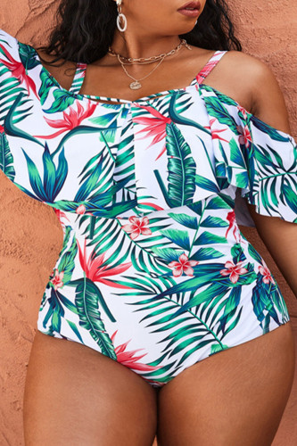 White Sexy Print Patchwork Backless Off the Shoulder Plus Size Swimwear (With Paddings)
