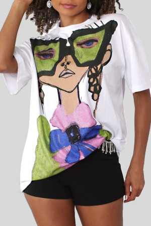 White Casual Street Print Patchwork Hot Drill O Neck T-Shirts