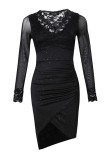 Черные сексуальные повседневные однотонные лоскутные прозрачные платья с V-образным вырезом и длинными рукавами