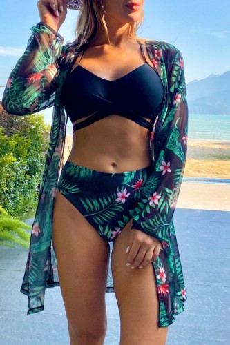 Black Sexy Print Patchwork Swimsuit Three Piece Set (With Paddings)