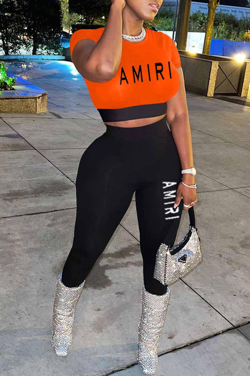 

Orange Casual Print Letter O Neck Short Sleeve Two Pieces