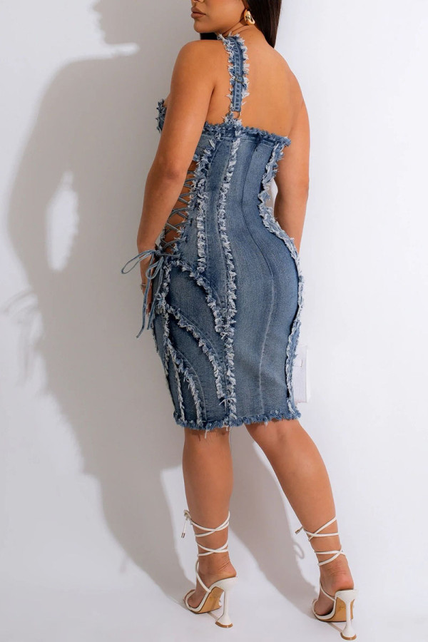 Sexy Solid Make Old Slit O Neck Sleeveless Regular Denim Dresses