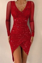 Rote, sexy, lässige, durchsichtige Patchwork-Kleider mit V-Ausschnitt und langen Ärmeln